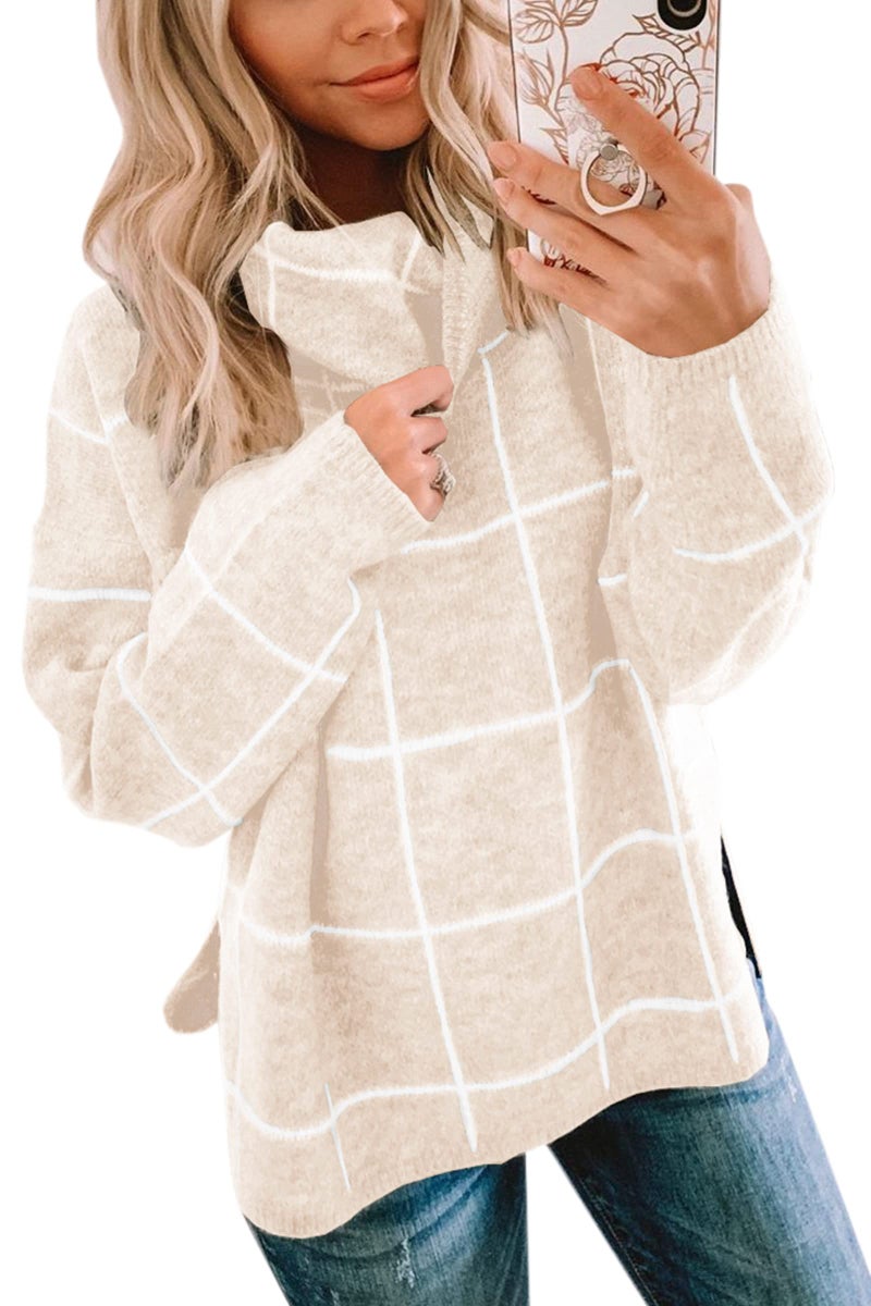 ECOWISH Women Fall Pullover Sweater Turtleneck Plaid Long Sleeve Loose Casual Chunky Checked Knit Winter Sweaters Jumper Tops 014beige M - Image 1